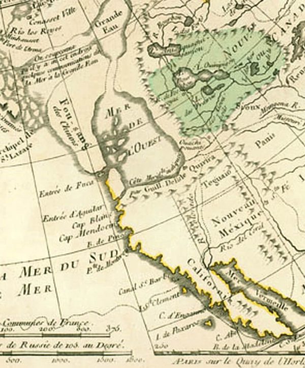 Extract from Philippe Bauche's 1753 map, which places the Chinese colony Fusang (Fou-sang) north of California